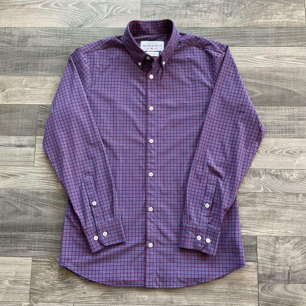 Mizzen Main Leeward Performance Shirt Men MEDIUM Trim Blue/Red Plaid Button Down